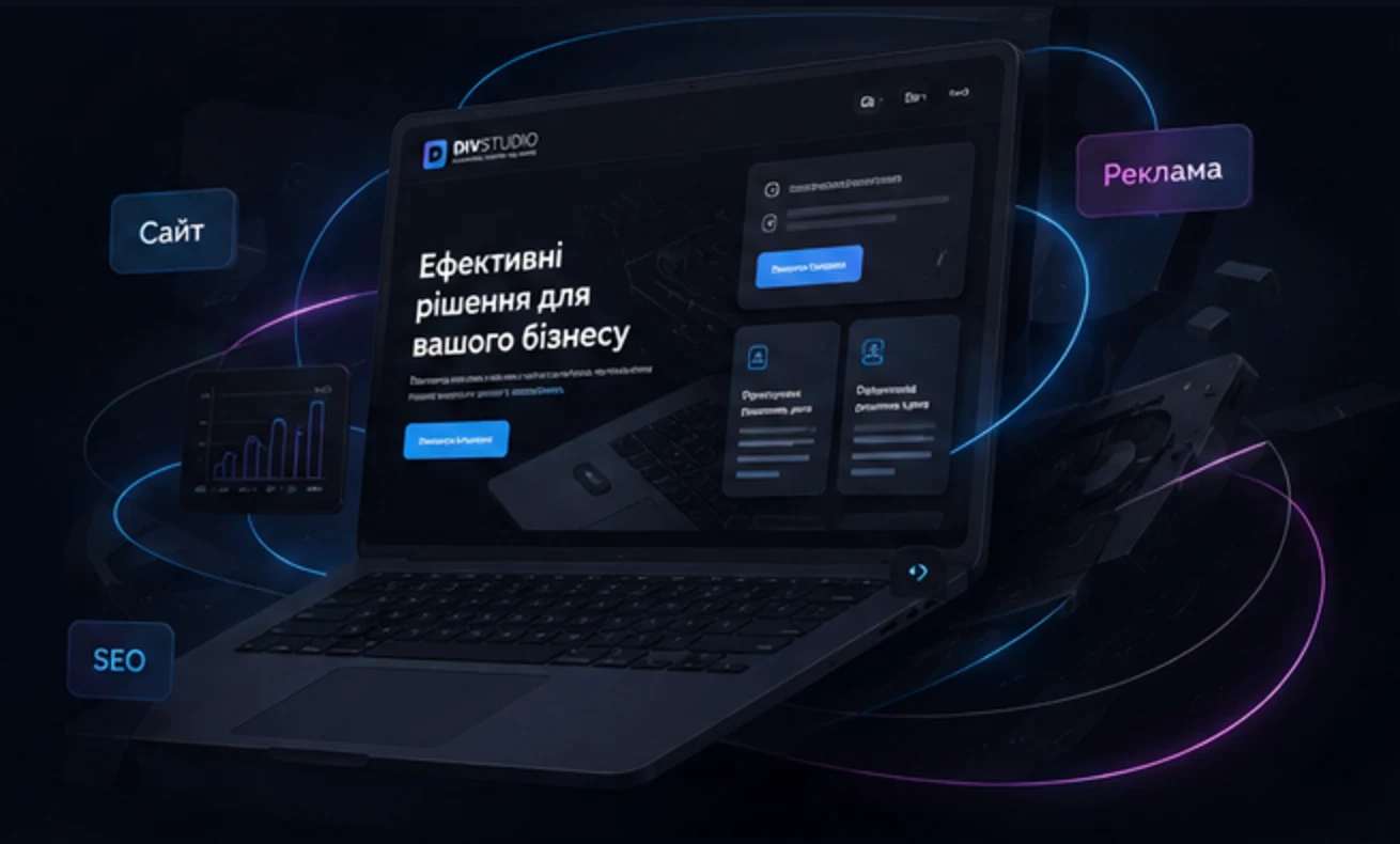 Ноутбук із макетом сайту DIV STUDIO, SEO та рекламою